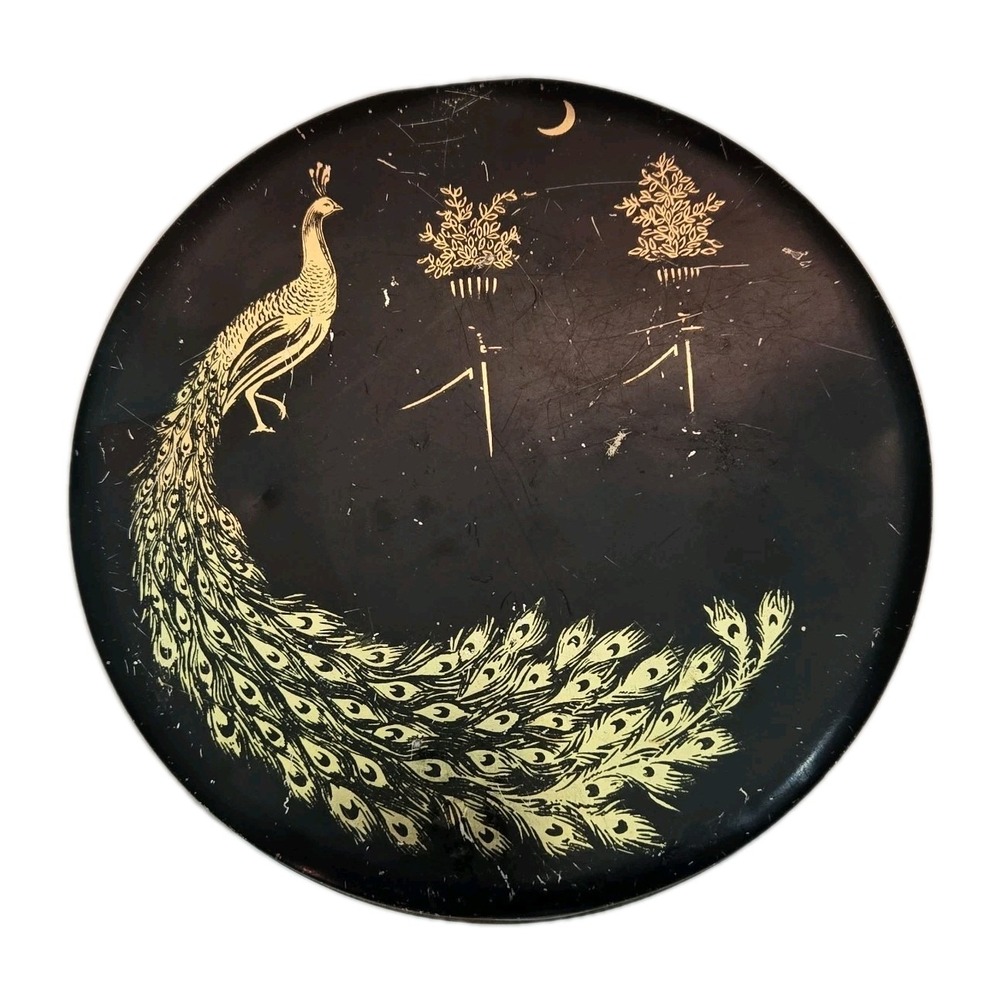 Antique 1920s Peacock Collectible Tin w/ Lid Black And Gold 7" Tindeco Decor